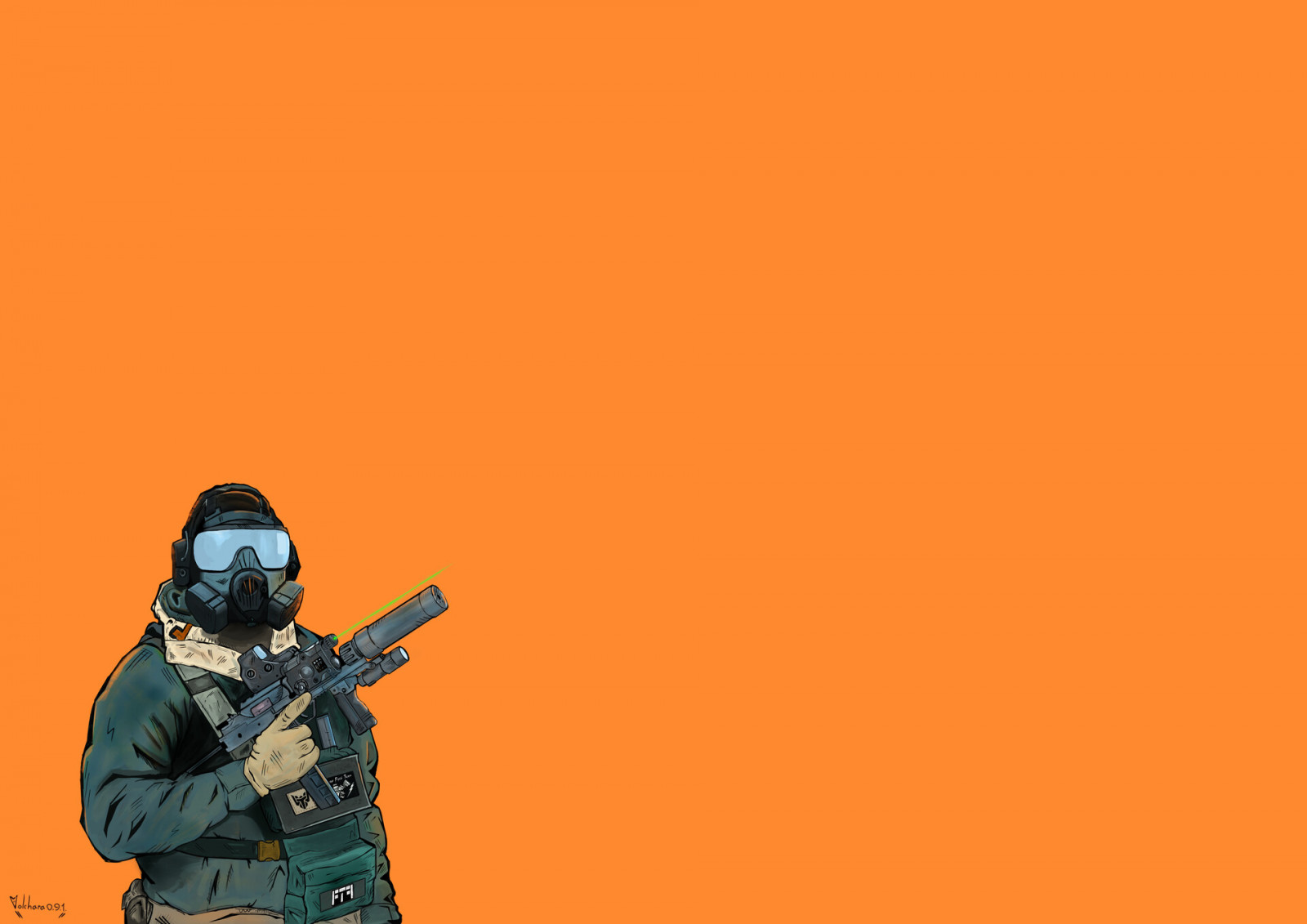 voják, pistole, oranžové pozadí
