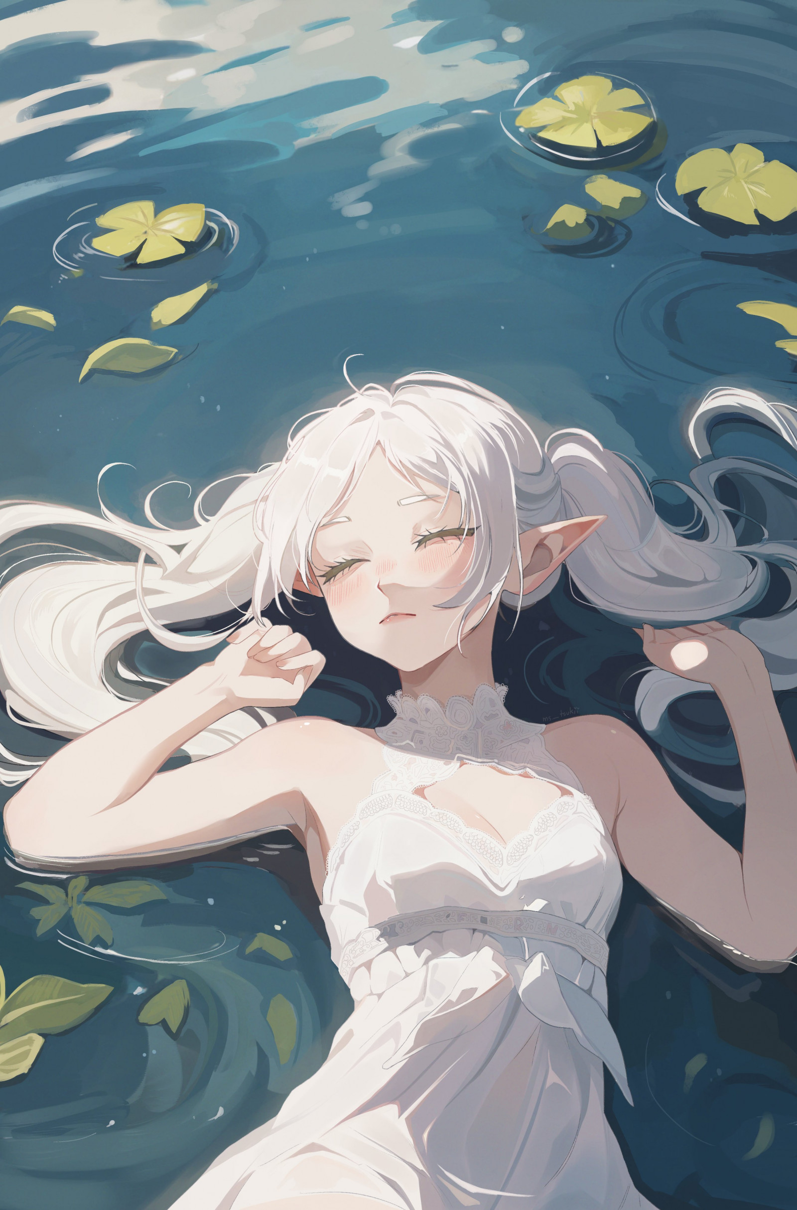 Sousou No Frieren, frieren, portrait display, anime girls, closed eyes, lying down, lying on back, in water, pointy ears, white dress, water lilies, white hair, twintails, high angle, long hair, sleeveless, pond, cleavage cutout, Ms Tsukii, closed mouth, elves, water, dress