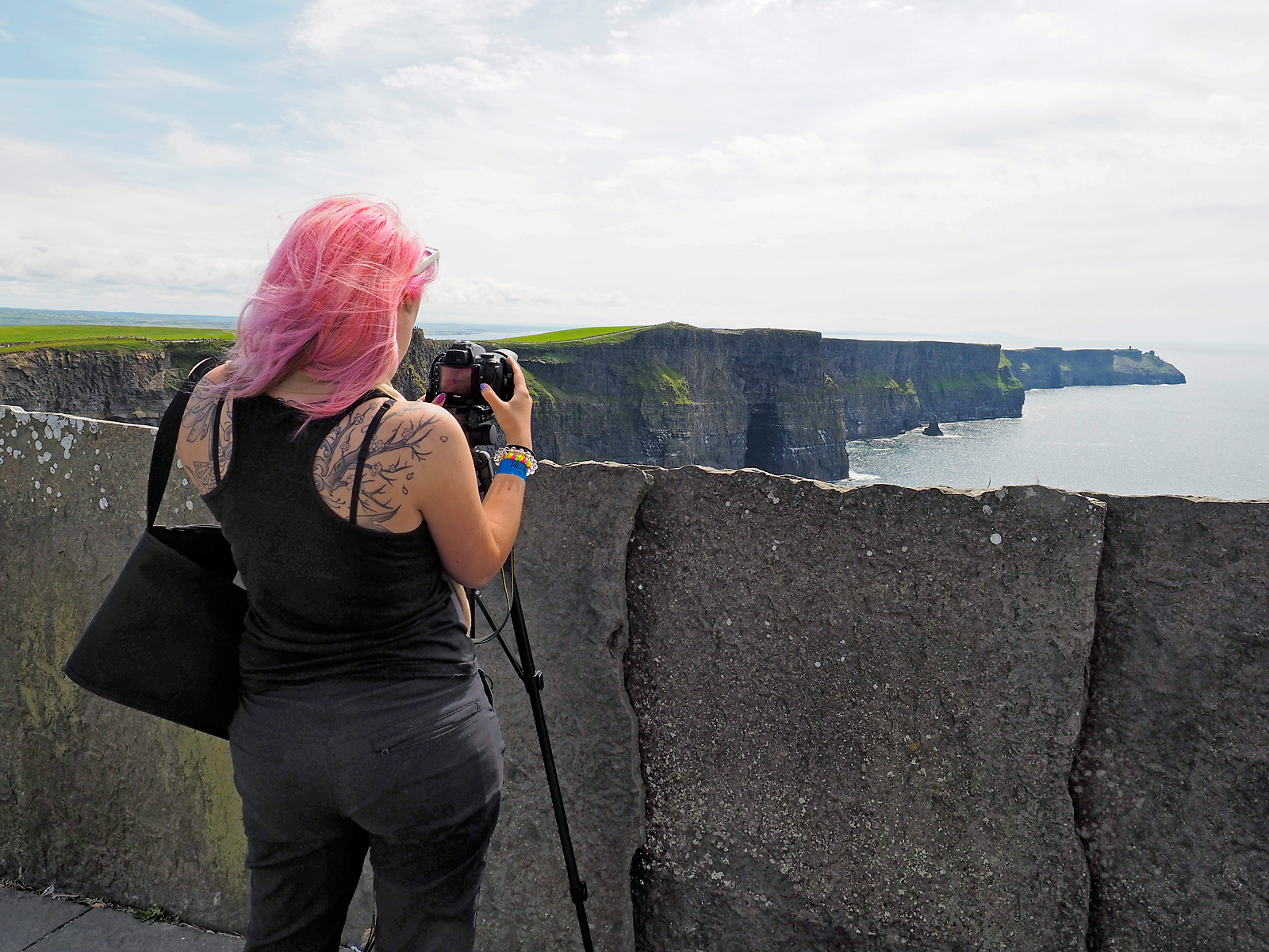 růžový, Irsko, vlasy, fotograf, skály, moher