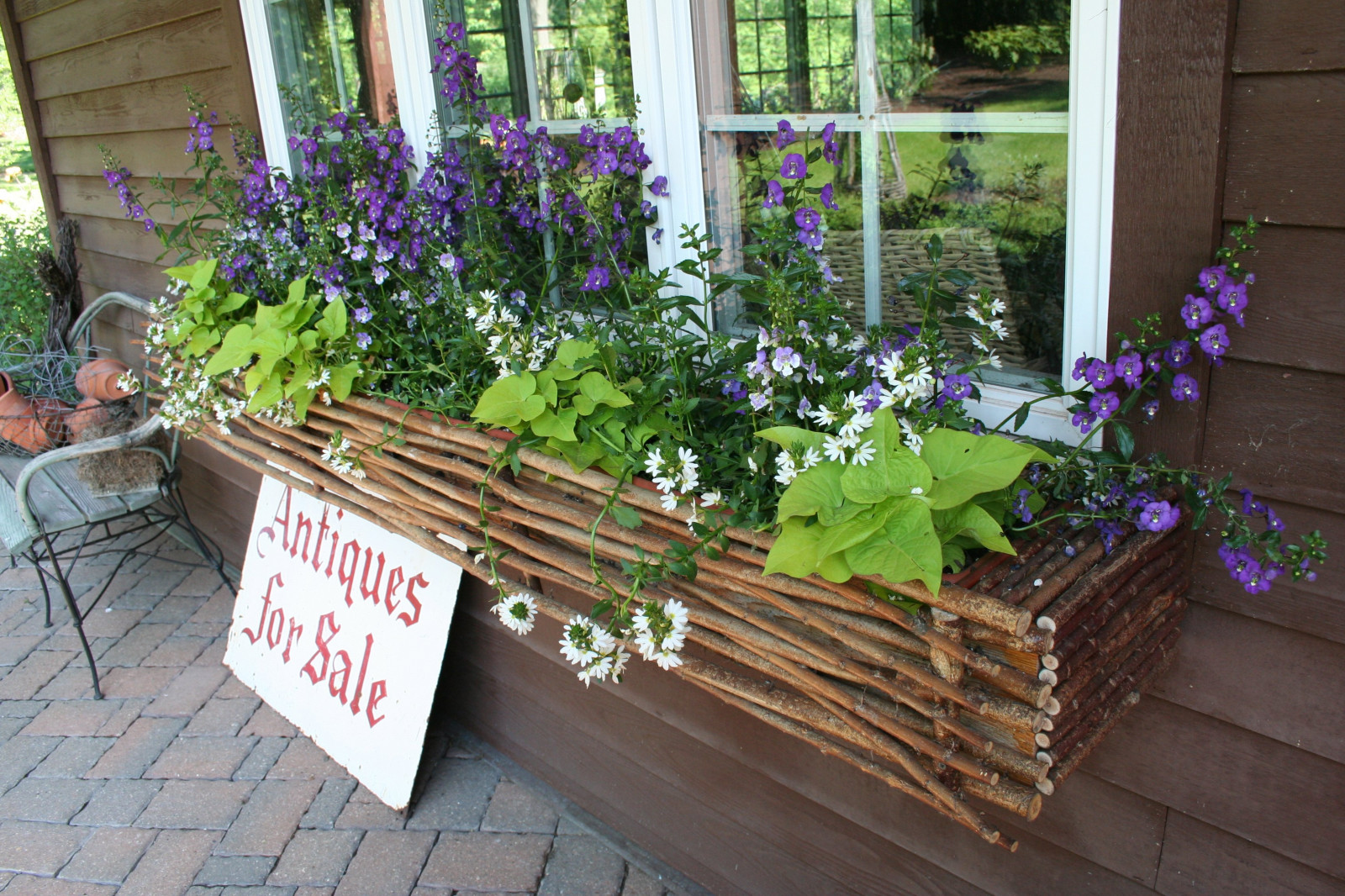 okno, tyčinky, box, ruční, Cottagestyle, větvičky, windowbox, containergarden, purpleflowers, Sweetpotatovine, Zahradní, Zahradní okno, Countrychic