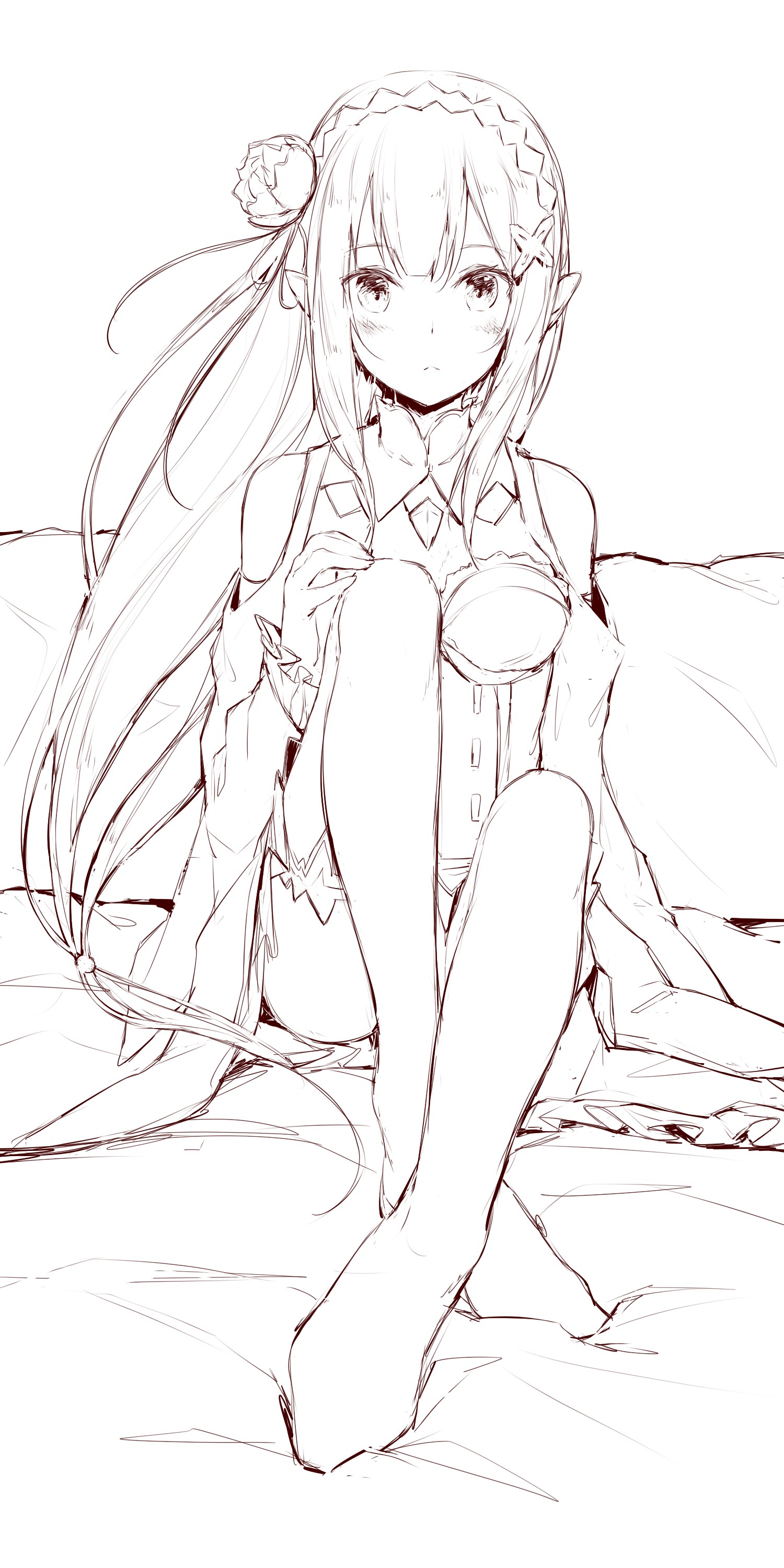 ภาพวาด, ภาพประกอบ, ศิลปะดิจิตอล, สาวอะนิเมะ, งานศิลปะ, ศิลปะการใช้เส้น, Re Zero Kara Hajimeru Isekai Seikatsu, Emiria Re Zero, ร่าง, ดำและขาว, การวาดรูป