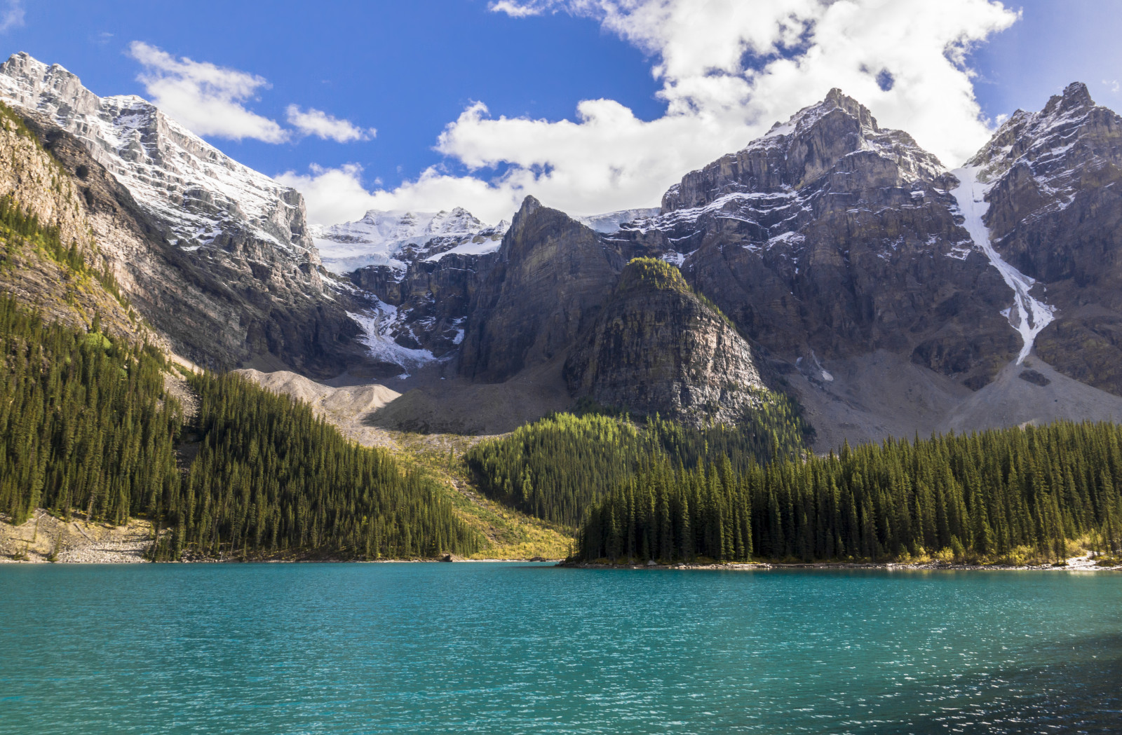 stromy, jezero, sníh, Kanada, strom, mraky, skály, aqua, zakalený, tyrkysový, ledovec, zasněžené, Alberta, Banff, skalnaté hory, vrcholy, banffnationalpark, canadianrockies, lakemoraine
