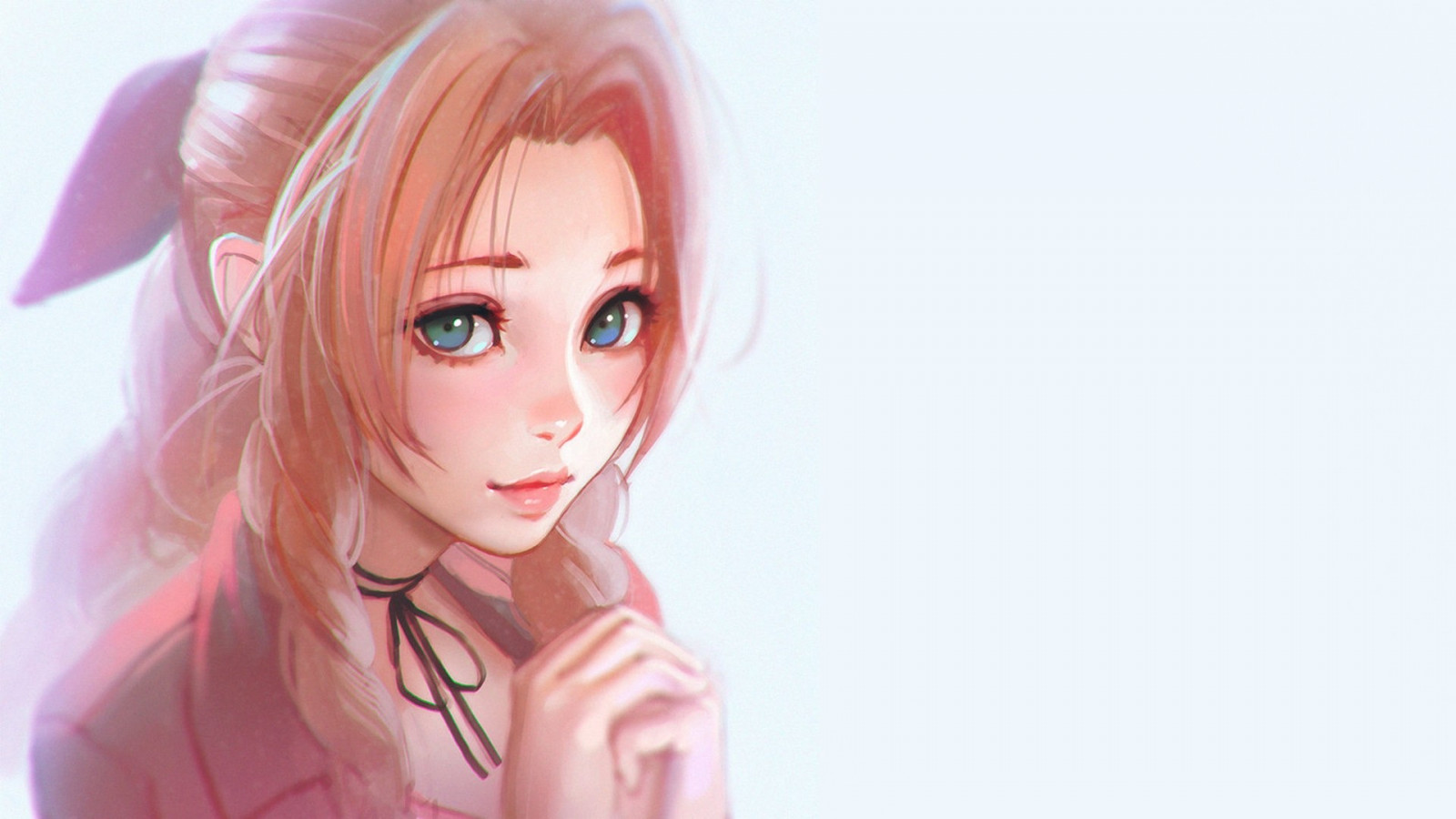 ansigt, tegning, Digital kunst, Kvinder, langt hår, anime, kunstværk, sort hår, hår, Ilya Kuvshinov, Final Fantasy VII, Aerith Gainsborough, Legetøj, lyserød, dukke, hoved, øje, blond, figur, mangaka