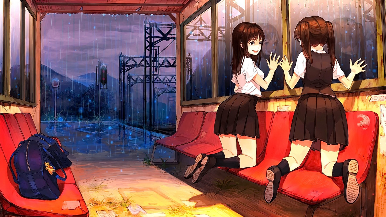 malování, odvrátila, dlouhé vlasy, anime, anime dívky, krátké vlasy, bruneta, déšť, školní uniforma, Původní znaky, UMĚNÍ, barva, fáze, divadlo, hudební divadlo