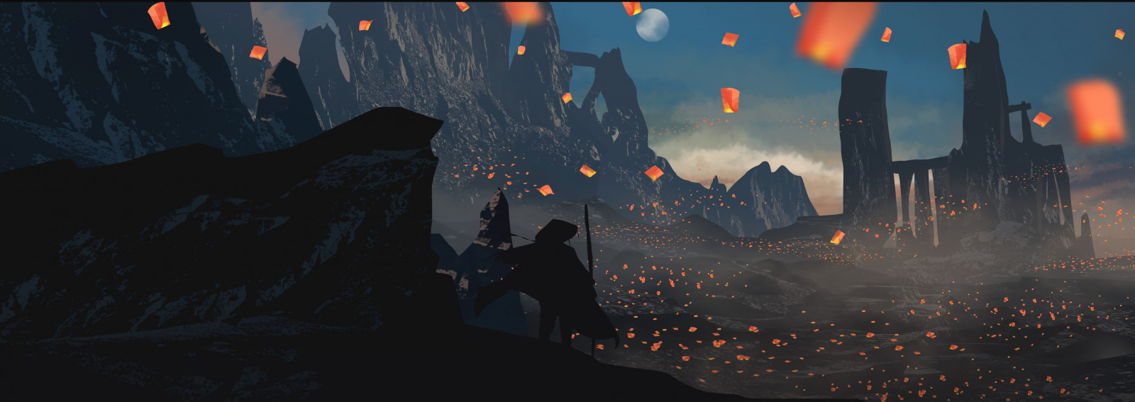 nat, lanterne, Måne, kunstværk, Digital kunst