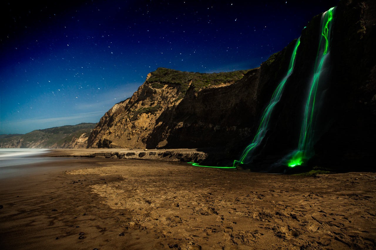 landscape, sea, night, nature, Earth, coast, dusk, Aurora, light, Terrain, ocean, wave
