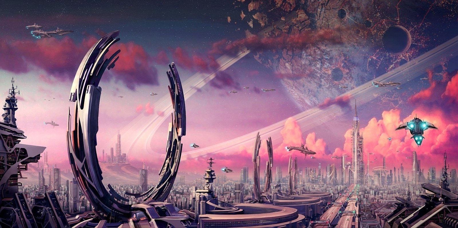 Wallpaper : transport, city, rings, spaceships, planets, plants, crater ...