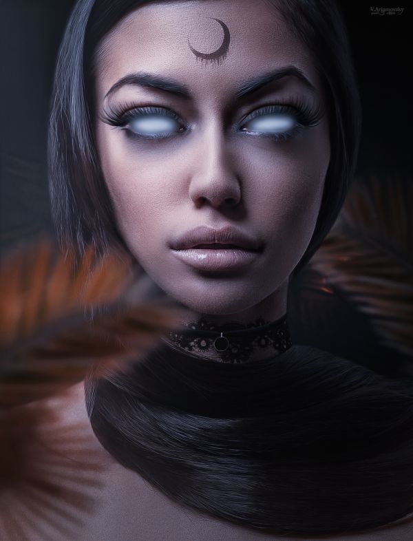 arlamovsky,art installation,retouching,dark background,white eyes,Queen