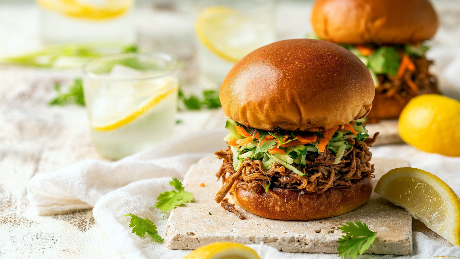 jídlo, hamburger, zelenina, citróny