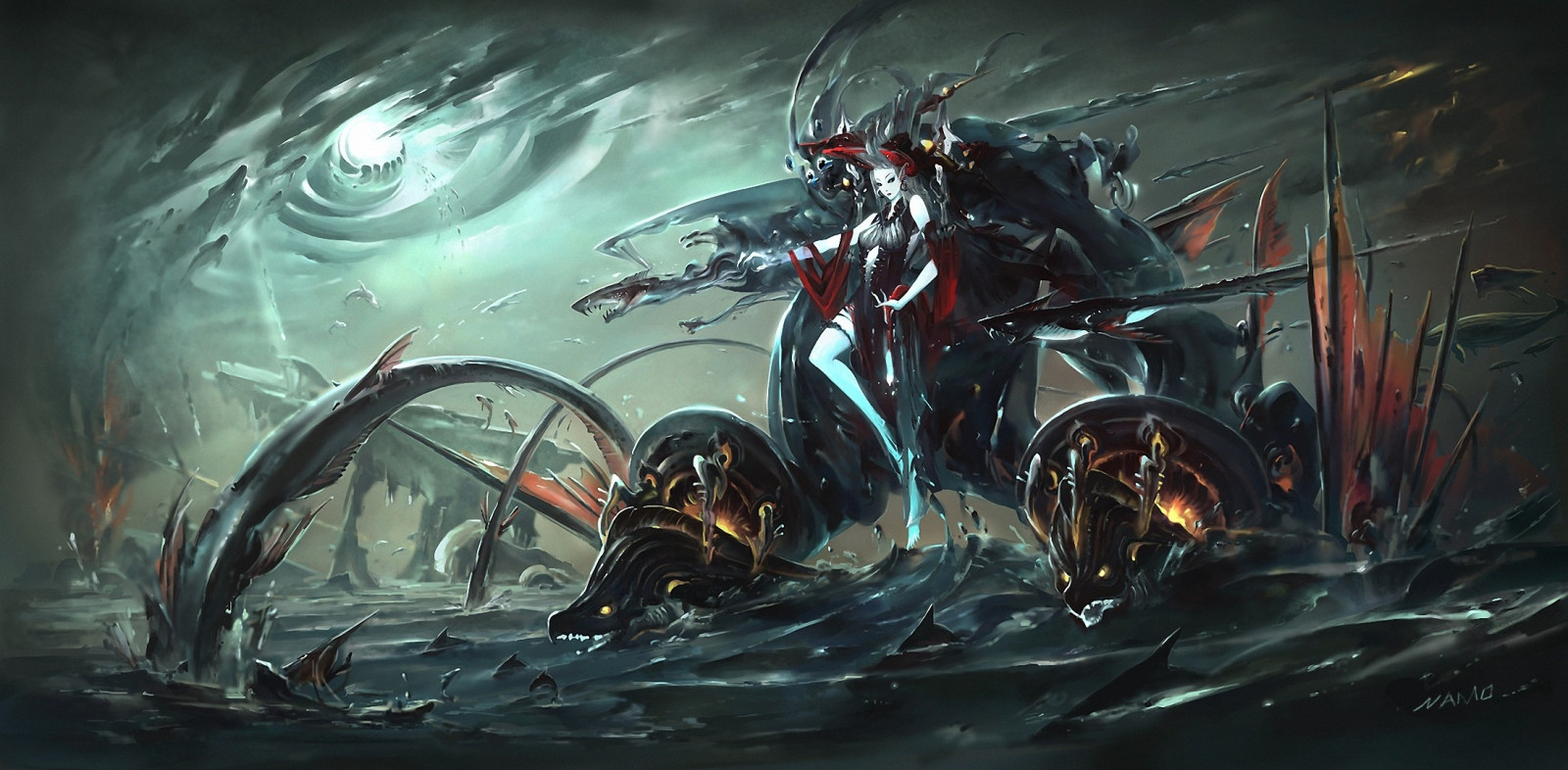 mořské příšery, fantasy umění, moře, umělecká díla, Ryba, tma, Snímek obrazovky, mecha, počítač tapeta