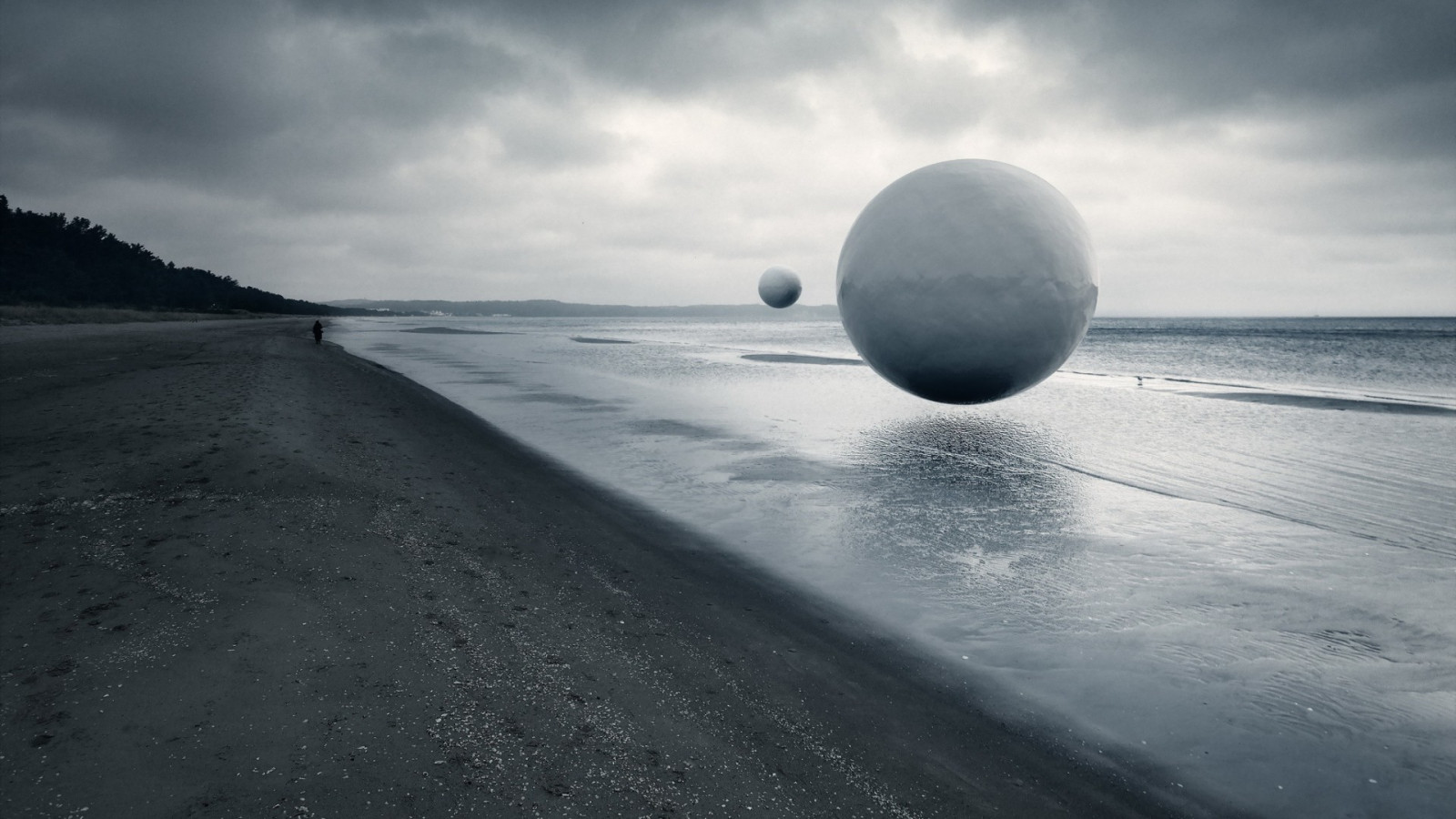 Árboles, paisaje, bosque, gente, monocromo, mar, agua, naturaleza, apuntalar, arena, cielo, fotografía, Obra de arte, Nubes, playa, esfera, calma, costa, manipulación de foto, solo, horizonte, atmósfera, nublado, pelota, nube, Oceano, ola, marea, tiempo de día, 1920x1080 px, Papel pintado de la computadora, en blanco y negro, Fotografía monocroma, Onda de viento, fenómeno, coastal and oceanic landforms