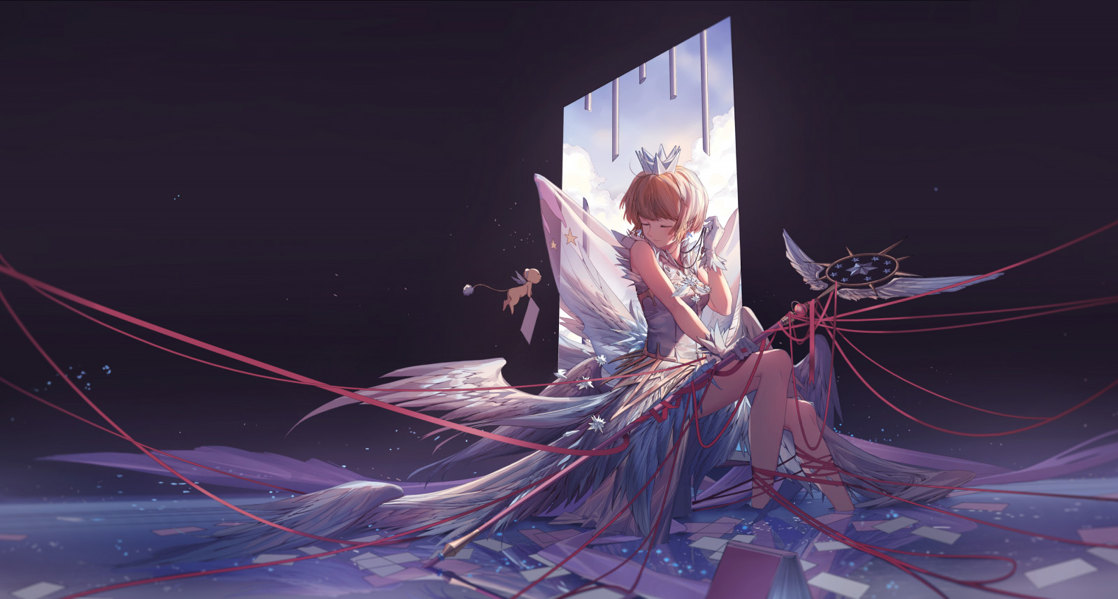 Des scepters, couronne, ailes, Arme fantastique, brunette, yeux fermés, robe, livres, eau, Fond bleu, cheveux courts, papier, réflexion, pendentif, étoiles, gants, origami, Cardcaptor Sakura, Kerobero
