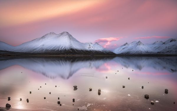 sunlight, landscape, mountains, sunset, lake, white