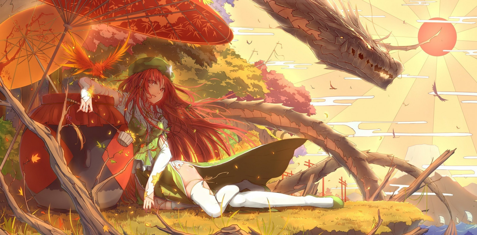 Wallpaper : illustration, anime girls, Touhou, dragon, mythology, Hong