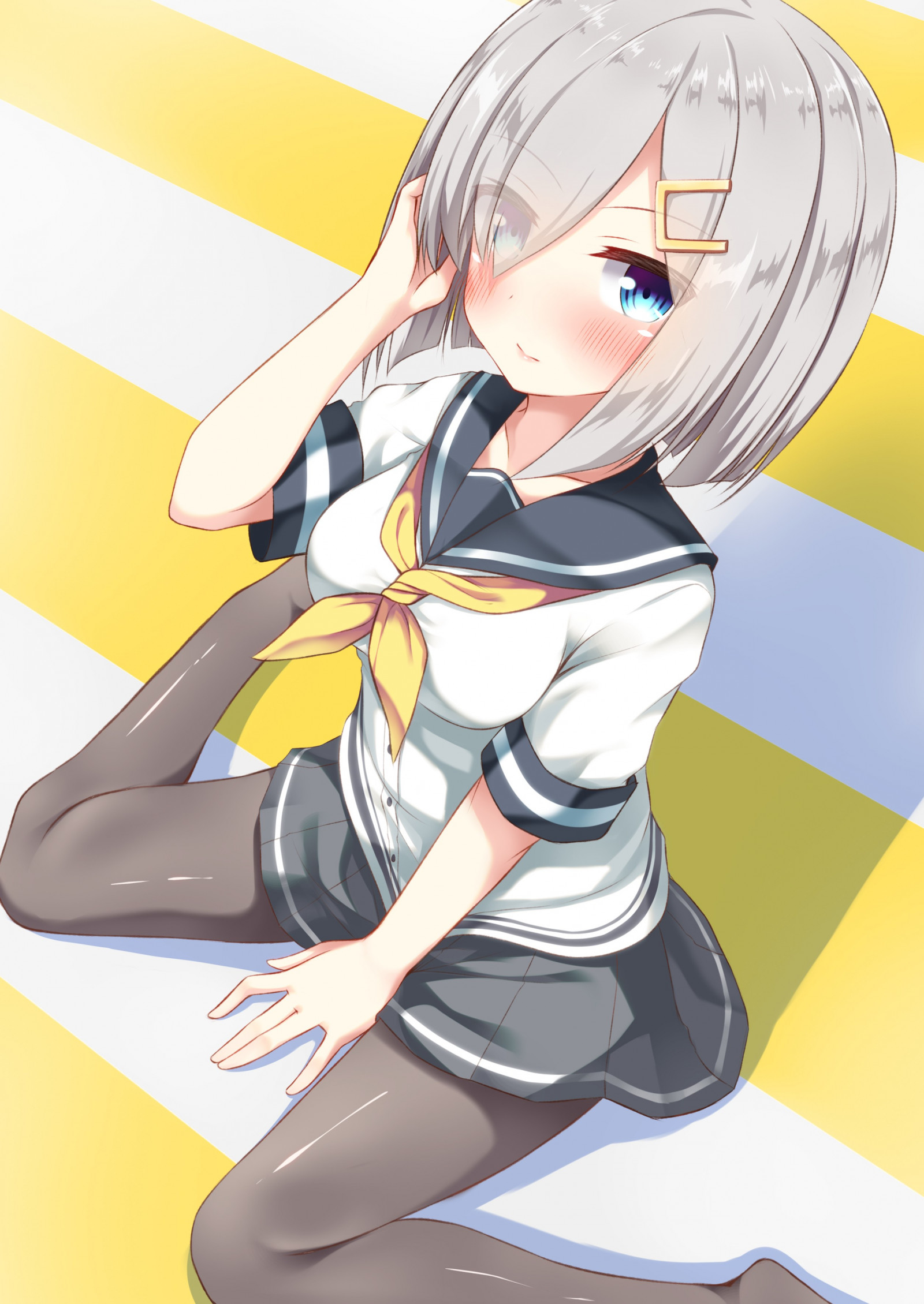 ilustrace, anime, anime dívky, krátké vlasy, kreslená pohádka, Kantai Collection, černé vlasy, Hamakaze KanColle, mangaka
