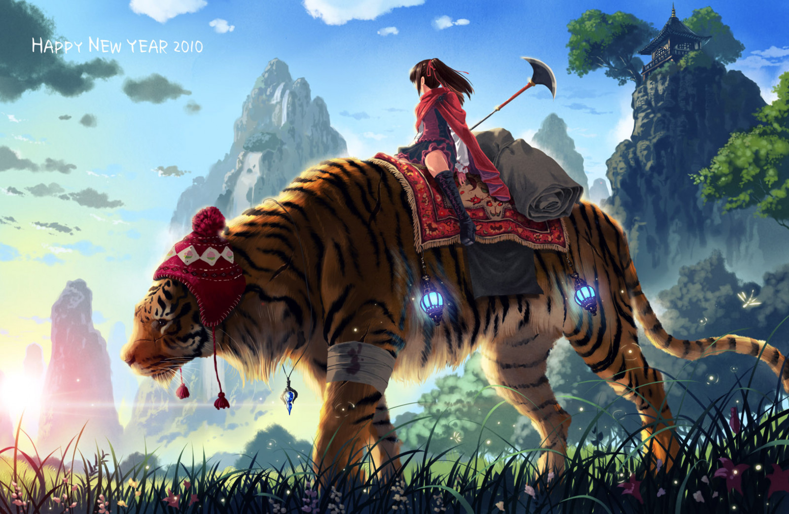 tiger, anime girls, nature, mountains, Chinese architecture, weapon, night lanterns, fireflies, trees, sunset, sunset glow, sunset light, Sunset Skyline, Sunset Shimmer, clouds, grass, field, winter clothing, New Year, wounds, injured, bandage, flowers