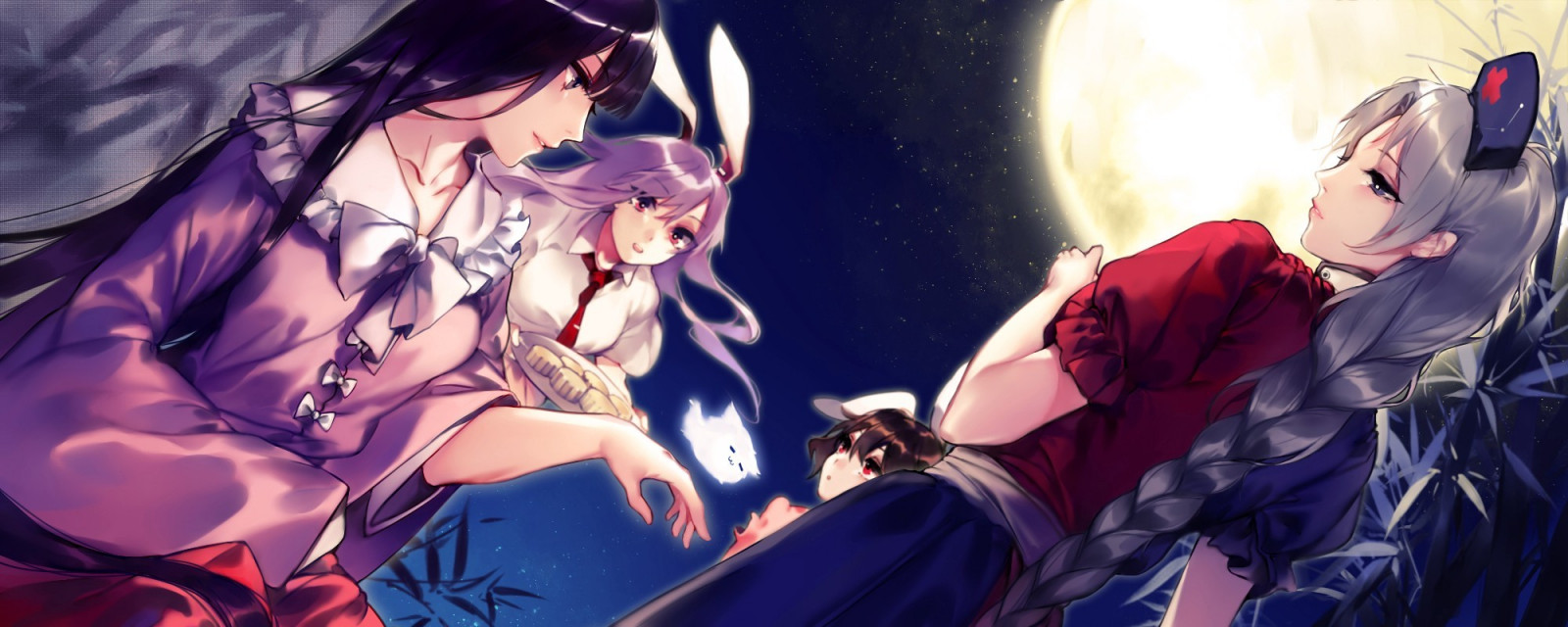 anime, Touhou, Luna, Houraisan Kaguya, Udongein Reisen Inaba, Yagokoro Eirin, Inaba Tewi, immagine dello schermo, 2000x800 px