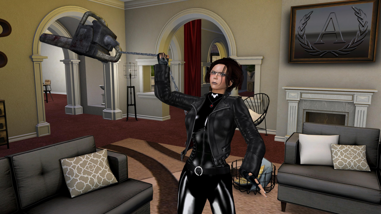 svět, divoký, Černá, hloupý, domů, dívej se, kůže, počítač, vlasy, brýle, pás, 3D, šílený, nebezpečný, grafika, legrační, lesklý, motorová pila, bezpečnostní, guma, řetěz, bunda, druhý život, Virtuální, rozzlobený, latex, korzet, panské sídlo, houpavý, šílený, řešení, salonek, catsuit, CGI, updo, Gtp, alexandriabrangwin, Thealexandrianorderorder, Thealexandrianestate