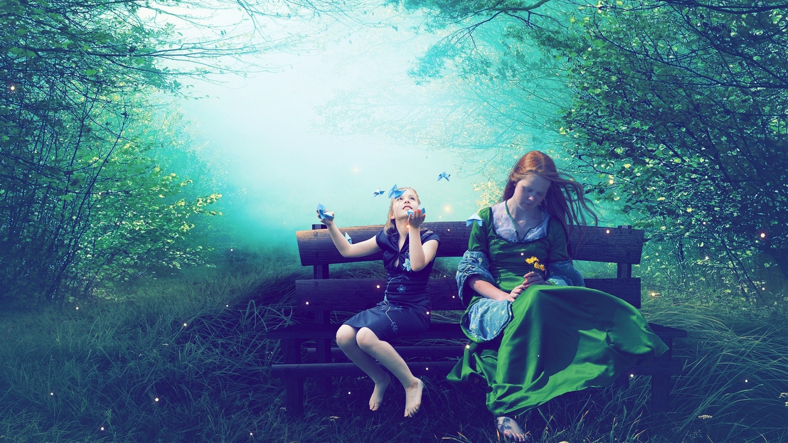 1920x1080 px, KUNST, sommerfugl, CG, børn, digital, drøm, fantasi, Skov, pige, lykkelig, Glæde, magi, Manip, humør, blød, træer, Kvinder