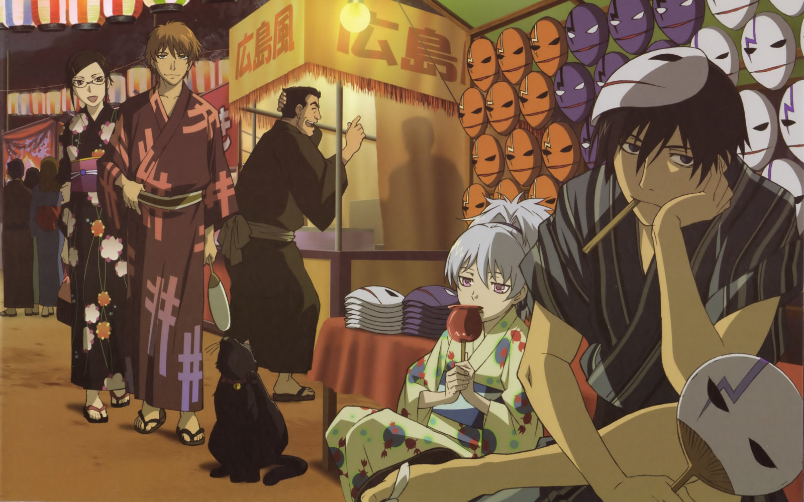 illustration, anime, tegneserie, Mørkere end sort, tegneserier, kedsomhed, dreng, masker, skærmbillede, kimonoer