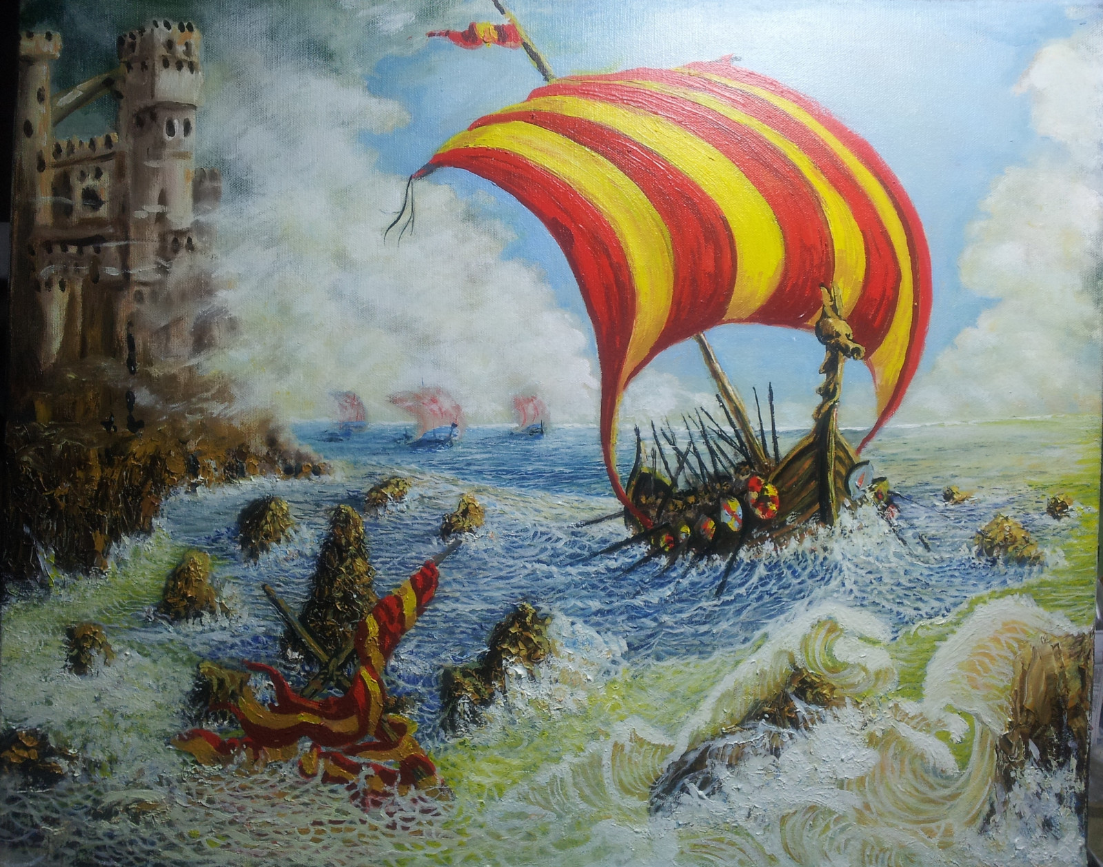 Vikings, fantasia, castello, mare, ARTE, pittura ad olio, cielo, nebbia, nuvole, relitto, onde, pietre, luce del sole, la pittura, nave, Vittoria, tomasljunggren, fantasypainting