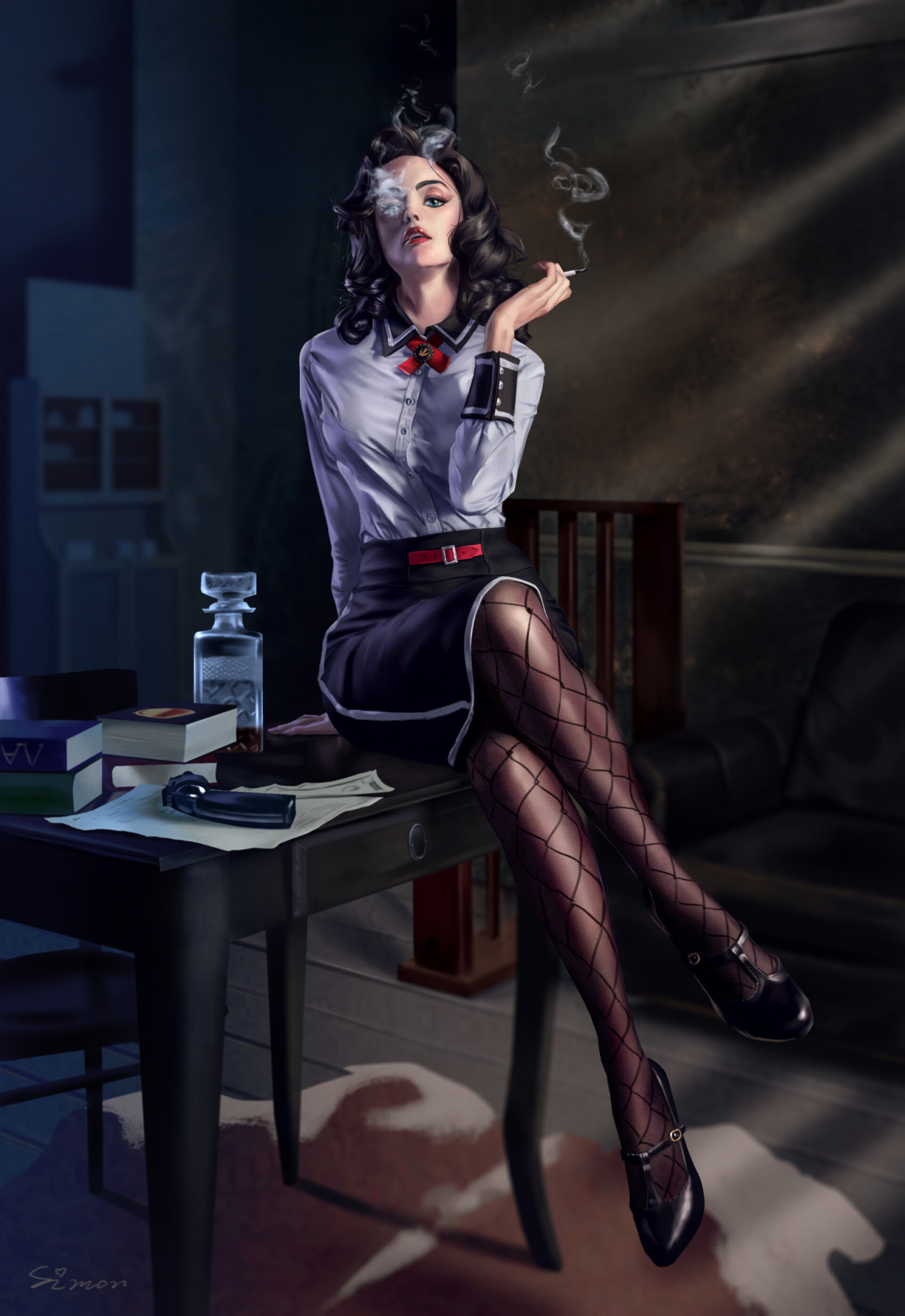 Simon Si, vertical, sitting on the table, indoors, sitting on desk, artwork, noir, video game characters, gun, Elizabeth BioShock, smoking, dark hair, looking at viewer, fan art, red lipstick, video games, white shirt, women indoors, sitting, video game girls, parted lips, BioShock, legs crossed, ArtStation