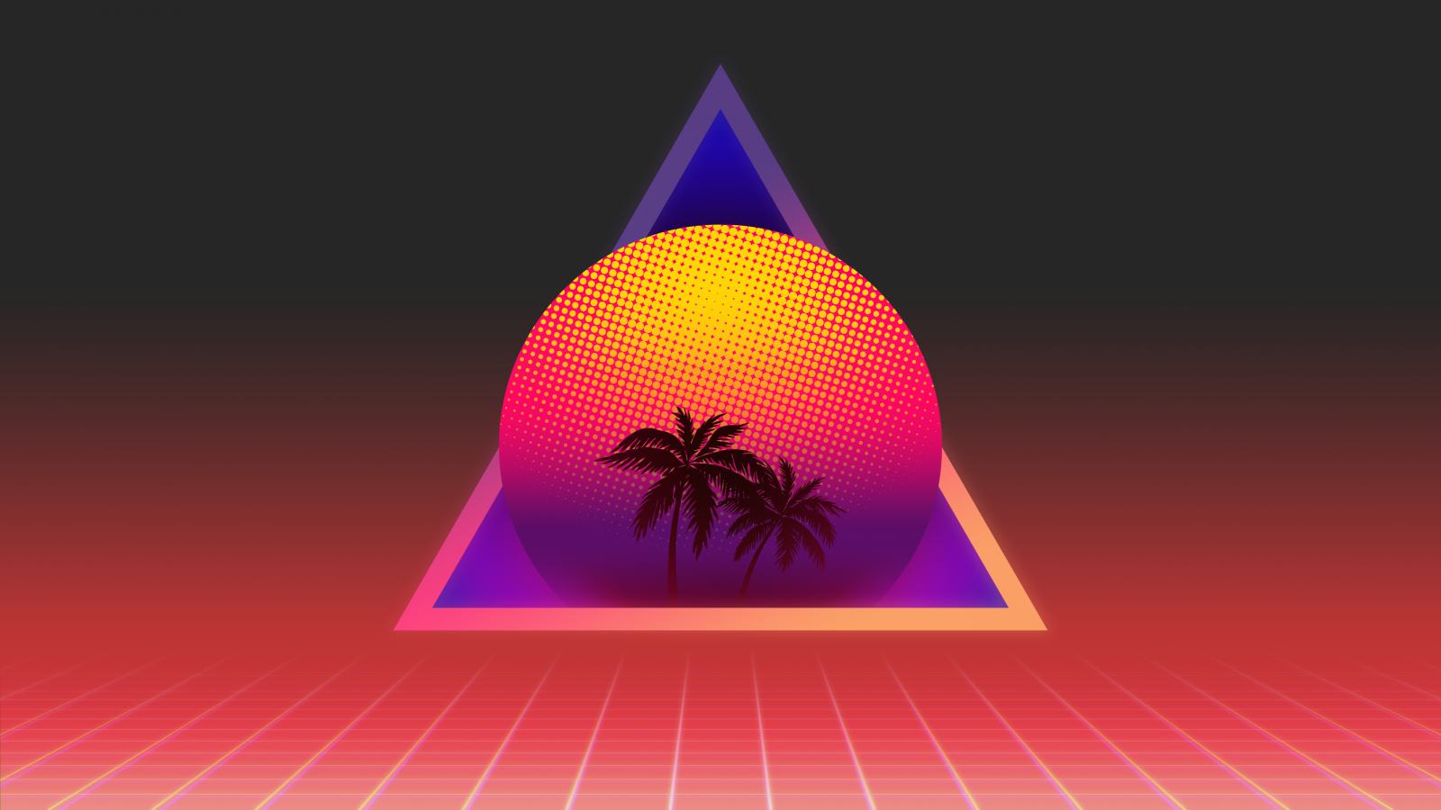 synthwave, Předběhnout, vaporwave, Retrowave, západ slunce, palmy, digitální umění