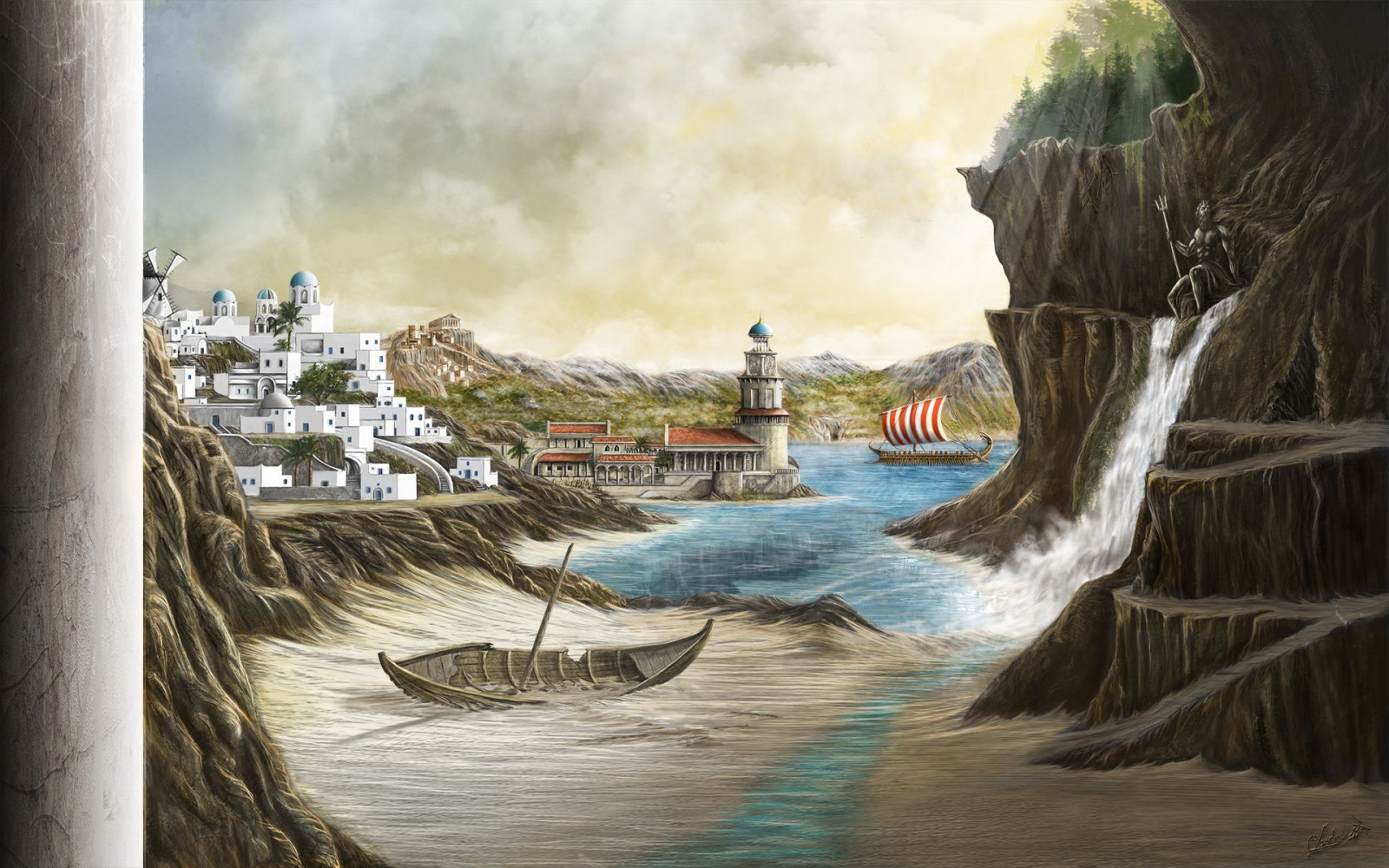 malování, hory, vodopád, digitální umění, loď, plachetnice, fantasy umění, moře, voda, Skála, Příroda, písek, budova, vozidlo, umělecká díla, mraky, Dům, Vikingové, kopce, věž, pobřeží, útes, maják, sochařství, Řecko, větrný mlýn, Poseidon, akropole, UMĚNÍ, Terén, vlna, vodní, akvarel barvy