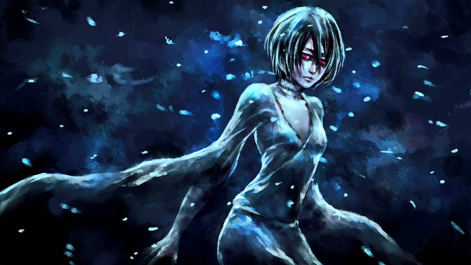 ilustrace, anime, anime dívky, Pod vodou, Bělidlo, mytologie, Kuchiki Rukia, NanFe, tma, Snímek obrazovky, počítač tapeta, fiktivní postava, zvláštní efekty