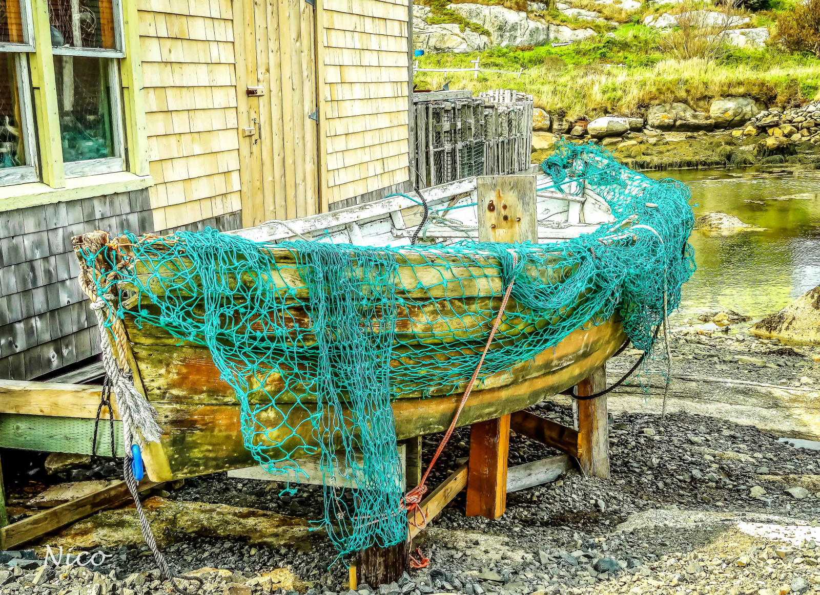 Canadá, verde, barco, pescaria, nova Escócia, Barco, Dory, Maritimes, Rede de pesca