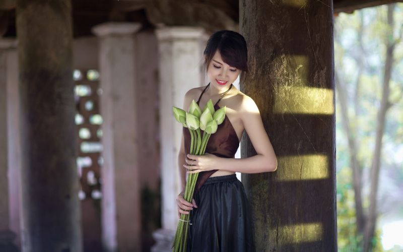 donne, modello, ritratto, fiori, asiatico, brunetta