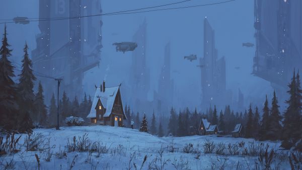 cyberpunk,winter,Christmas,science fiction,grass,snow