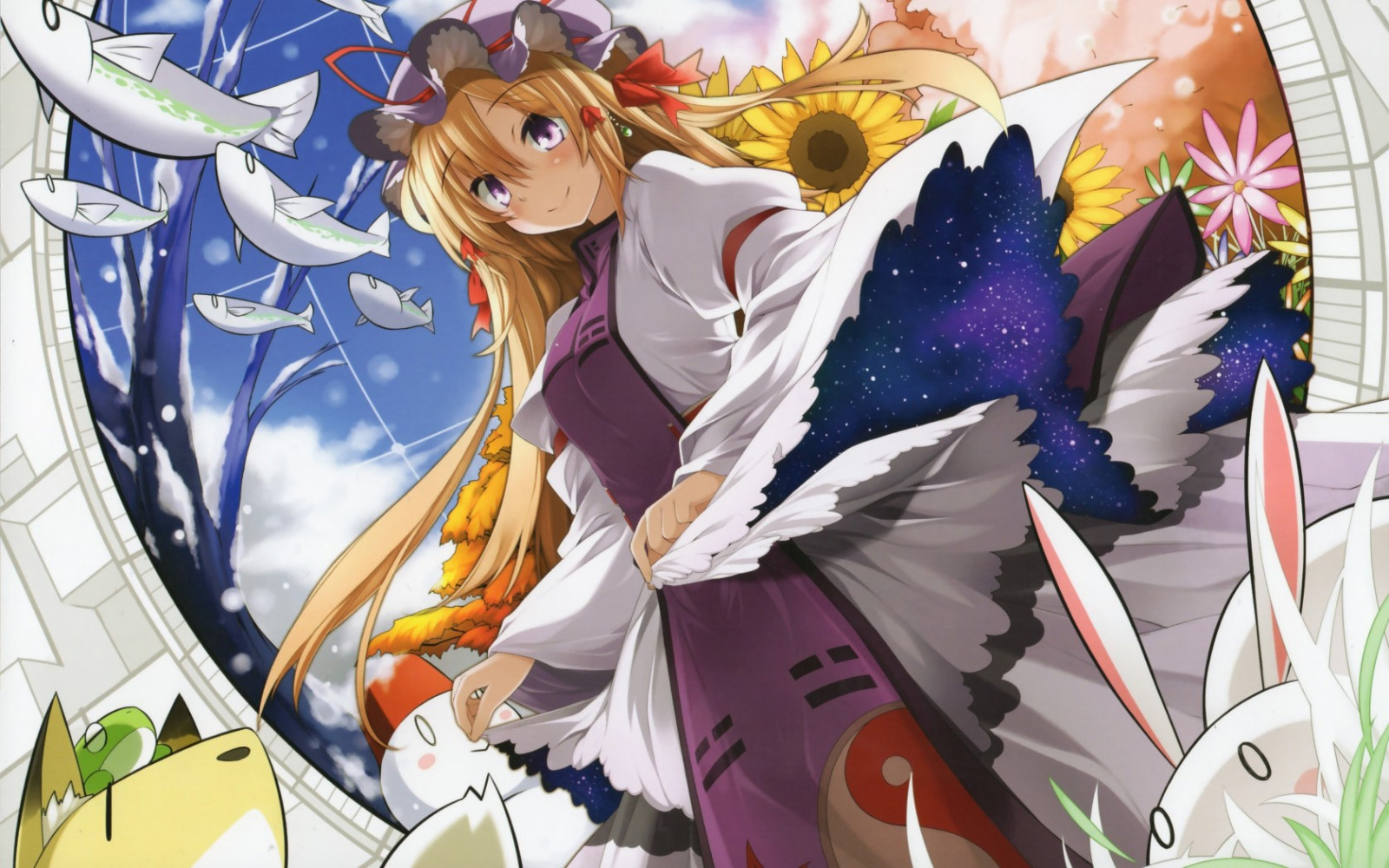 ilustrace, anime, Touhou, Ryba, kreslená pohádka, komiks, Yakumo Yukari, králičí, mangaka