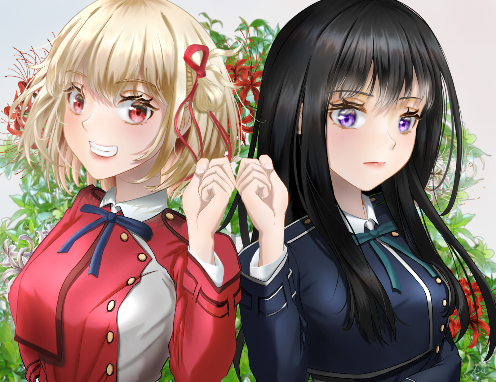 anime, Anime piger, Lycoris Recoil, Nishikigi Chisato, Inoue Takina, kort hår, blond, langt hår, sort hår, two women, kunstværk, Digital kunst, fan kunst