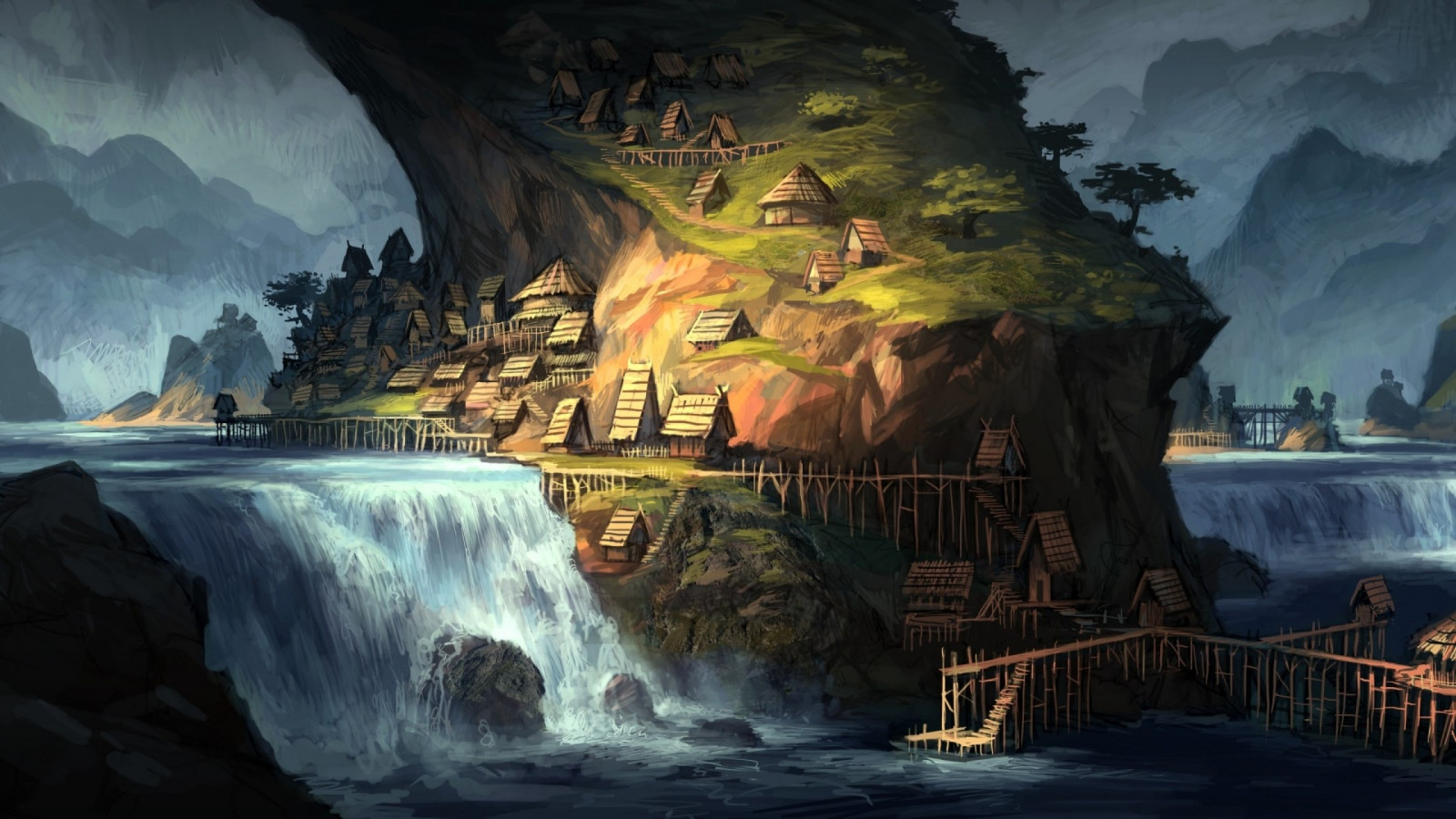 wodospad, Fantasy sztuki, wioska, świat, jaskinia, Tworzenie, statek widmo, Teren, zrzut ekranu, Tapeta komputerowa