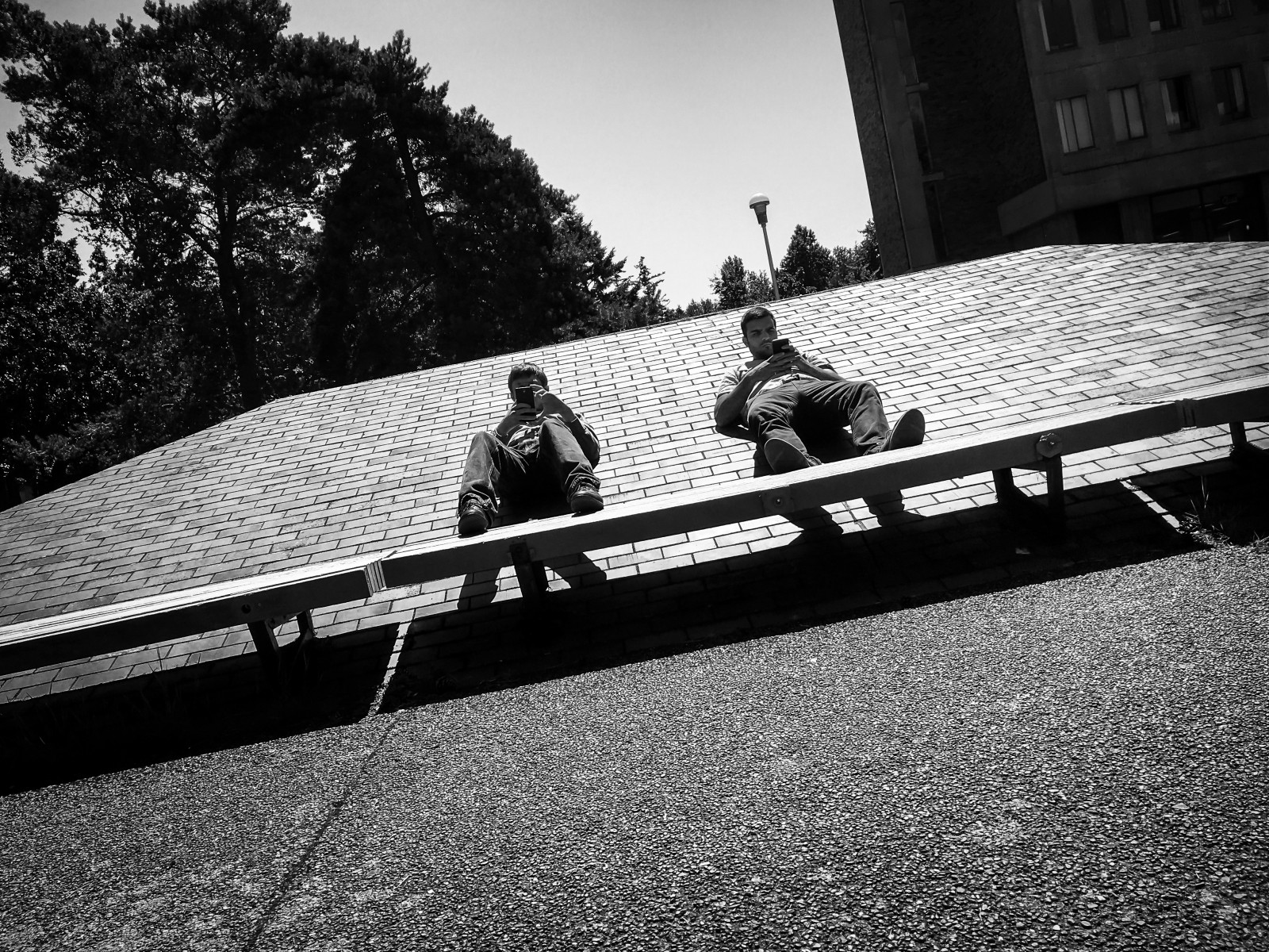 lidé, bílý, Černá, černobílý, ulice, nebe, stín, fotografování, Internet, studentů, lavice, telefon, Přátelé, Cihlový, on-line, světlo, Černý a bílý, dva, tělesné, mimo, telefony, spolu, psaní, tvar, fotografie, tma, obraz, Černý a bílý, monochromatické fotografování, jediný zrcadlovka