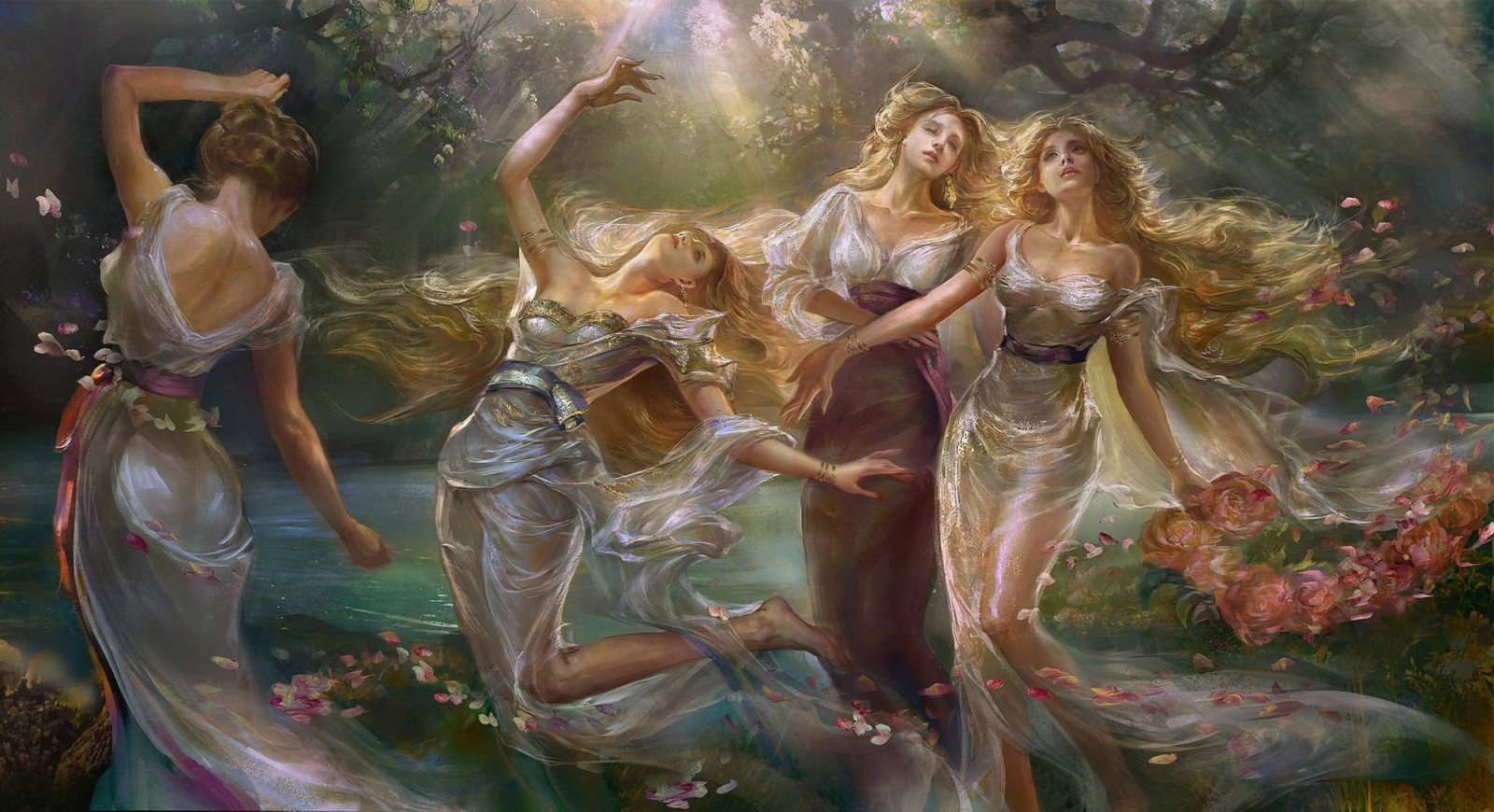 la pittura, donne, Fantasy art, Fantasy Girl, opera d'arte, gruppo di donne, mitologia, Fata, personaggio fittizio