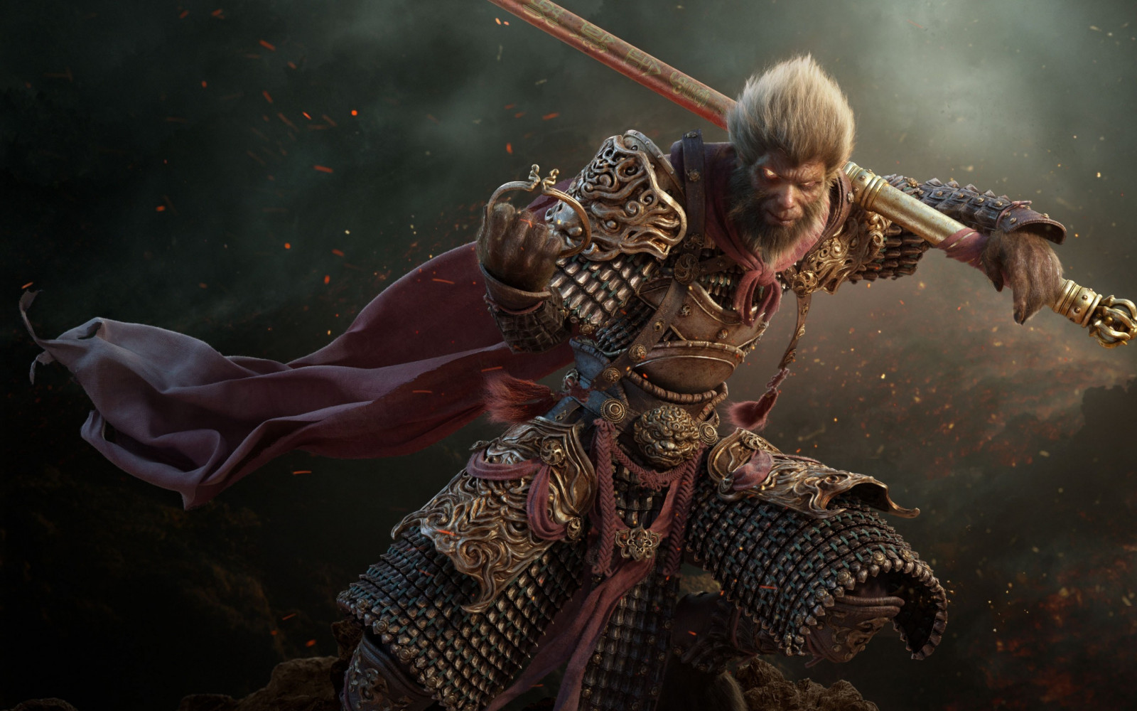videohry, anime, umělecká díla, bojovník, Wukong, mytologie, tma, Snímek obrazovky, 2560x1600 px, počítač tapeta, cg artwork