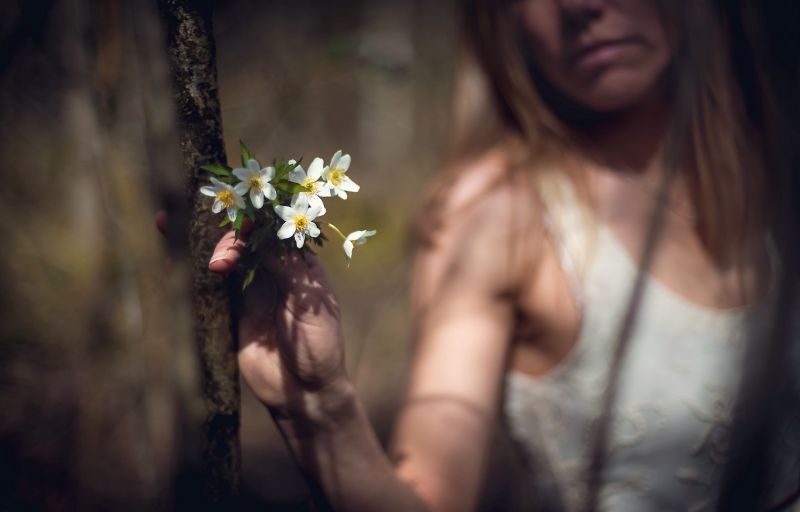 mujer, modelo, retrato, luz de sol, Flores, fotografía