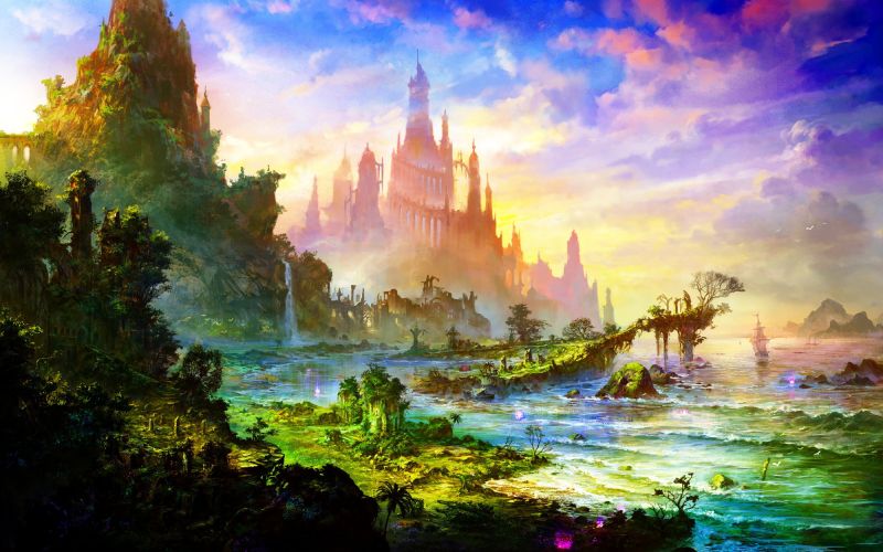 fantasy umění, panoráma města, umělecká díla, večer, malování, počítač tapeta fantasy umění, panoráma města, umělecká díla, večer, malování, počítač tapeta