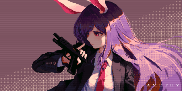 long hair,purple hair,bunny ears,gun,pistol,weapon