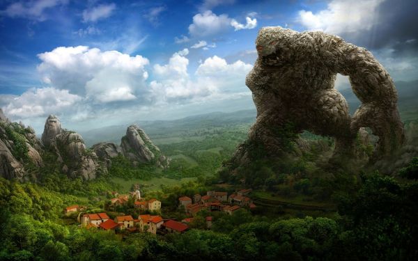 trees, landscape, drawing, forest, fantasy art, creature