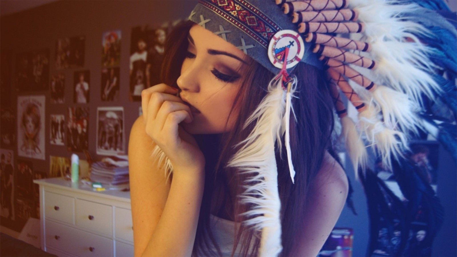 Wallpaper : brunette, photography, feathers, blue, headdress, Melanie