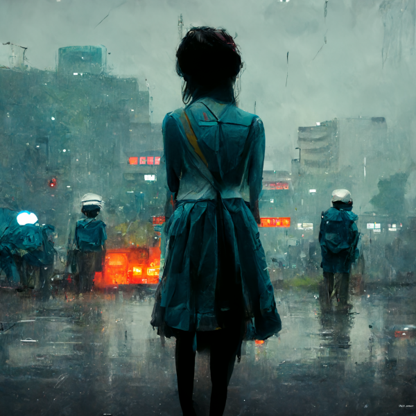 ai art,Tokyo,futuristic city,destruction,people,guards