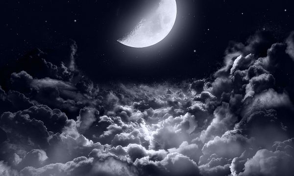 stars,space clouds,moonlight,Half Moon,clouds,night