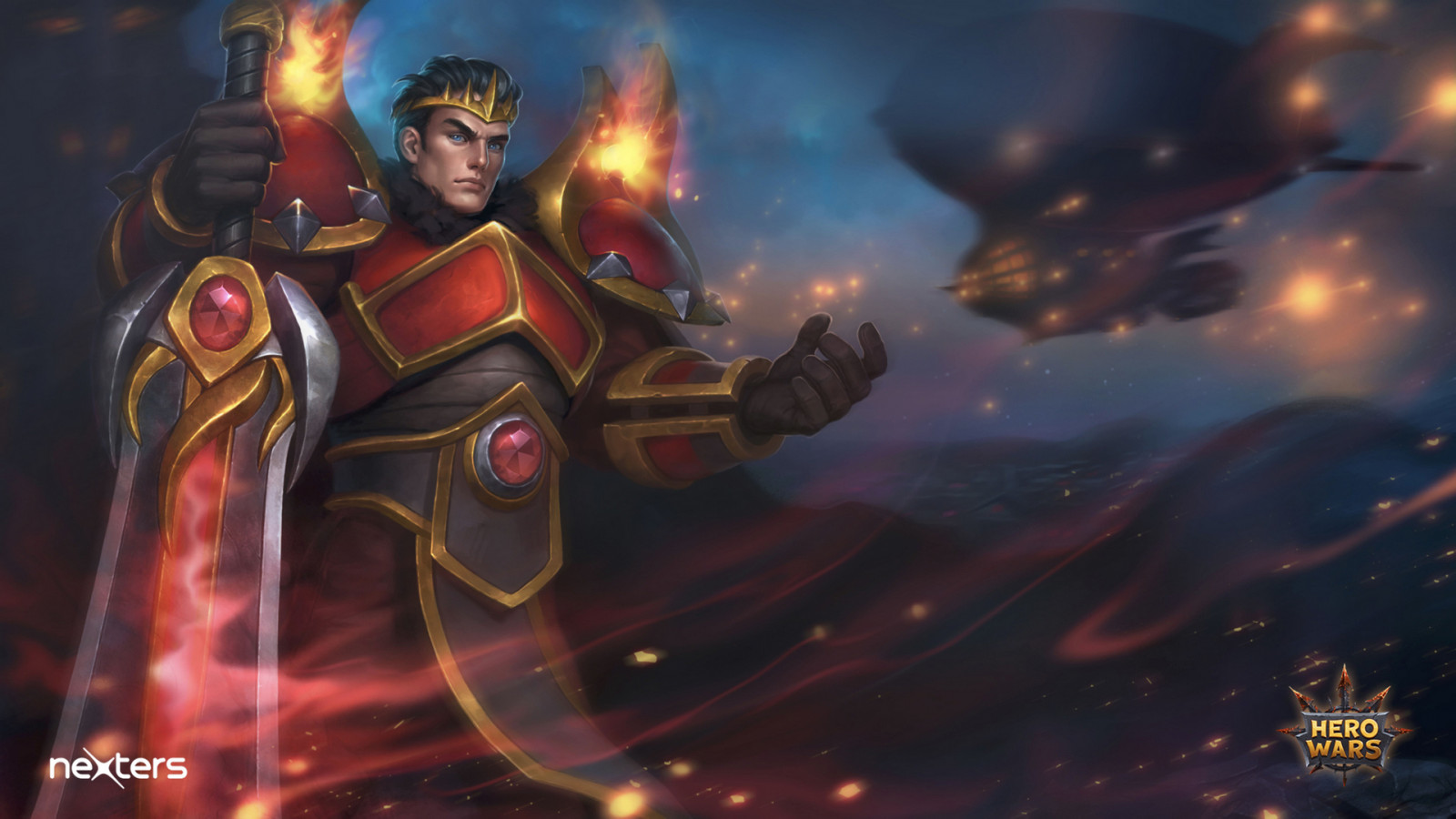 Hero Wars, Video Game Art, video game man, meč, blurry background, obrněný, oheň, vodoznakem, rytíř