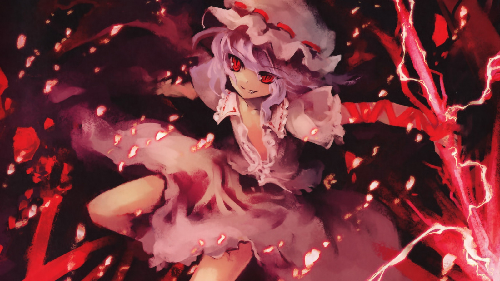 anime dívky, Červené, Touhou, červené oči, Růžové vlasy, květ, růžový, Remilia Scarlet, strom, list, květ, rostlina, flóra, okvětní lístek, suchozemská rostlina, kvetoucí rostlina