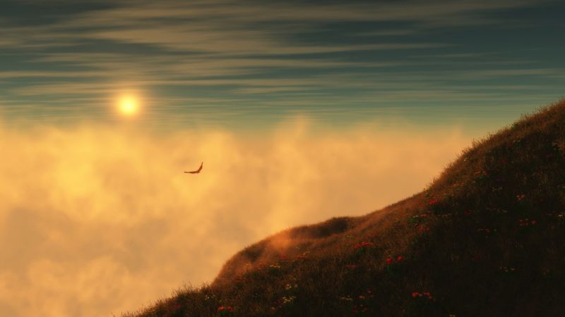 sunlight, mountains, sunset, sea, hill, birds sunlight, mountains, sunset, sea, hill, birds