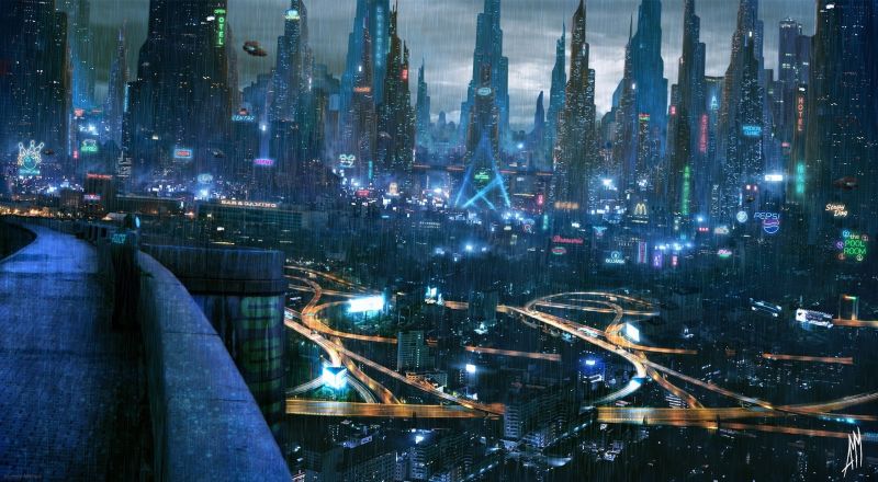digitální umění, město, panoráma města, noc, odraz, futuristický digitální umění, město, panoráma města, noc, odraz, futuristický