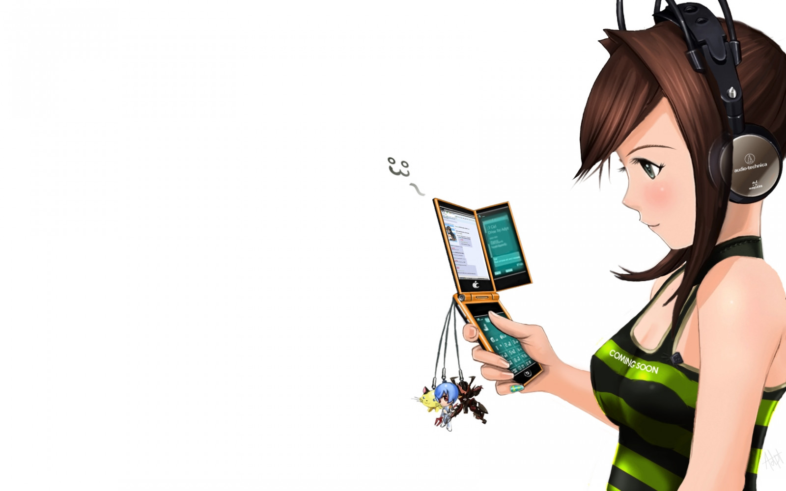 illustration, Anime, brunette, dessin animé, chemise, téléphone, fille, main, Mangaka, Casque, porte-clés